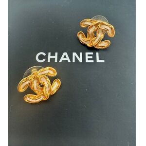 Chanel Vintage CC Logo Earrings Gold White Enamel Studs 02P Authentic CoA